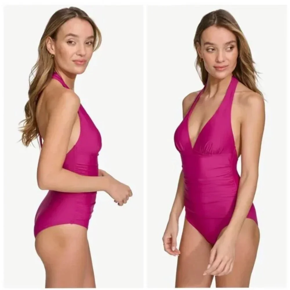 DKNY Boysenberry One-Piece Halter Swimwear Size Large - Picture 2 of 6